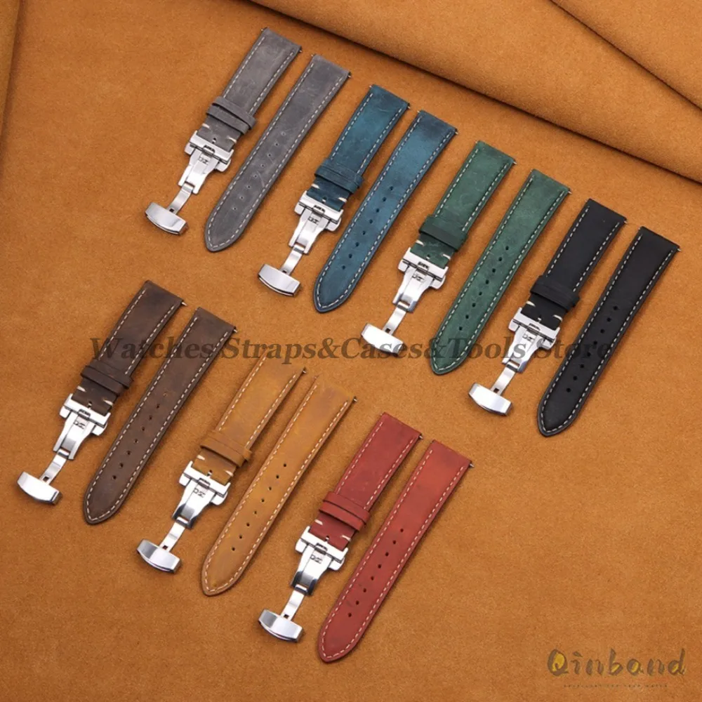 Genuine Cowhide Leather Band for Omega Business Watch Band for Seiko 14/16/18/20/22/24mm Butterfly Buckle Stitching Brown Straps image 2