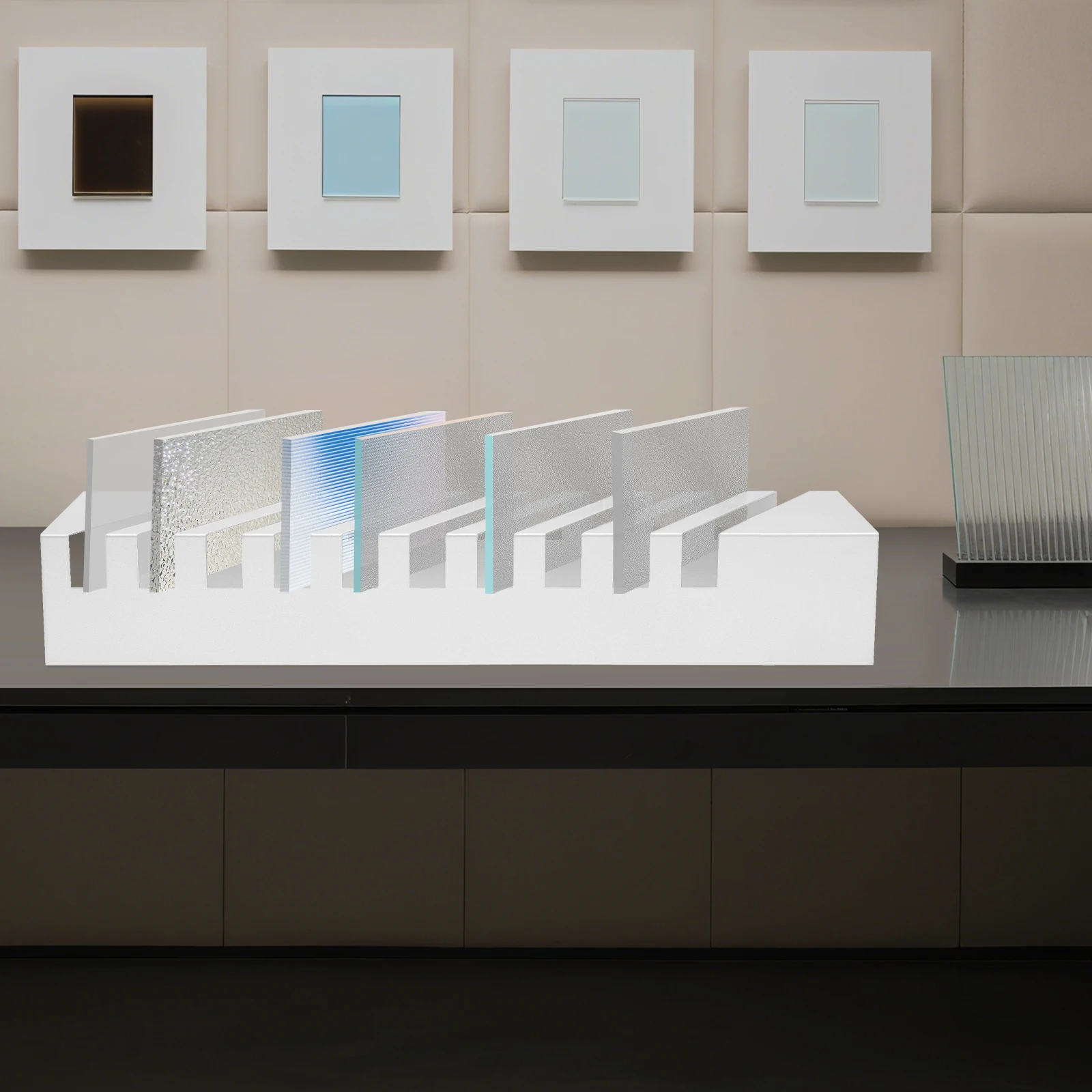 

White Iron 60x13x10cm Stone Sample Display Rack with 10 Slots Inclined, Installation-free Table Tile Display Rack