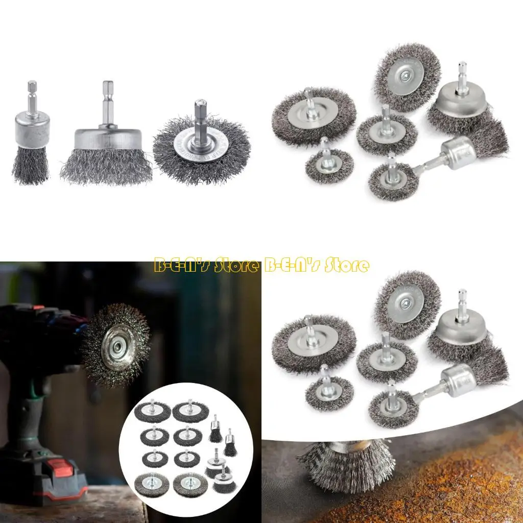 Y1AD 12Pcs Drill Wire Brush Set Pen Brush Wheel Brush Cup Brush for Drill Metal Wire