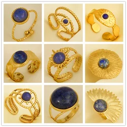 Ethnic Vintage Dark Blue Real Stone Charm Ring Open Adjustable Stainless Steel Rings For Women Men Accessories Bohemian Jewelry