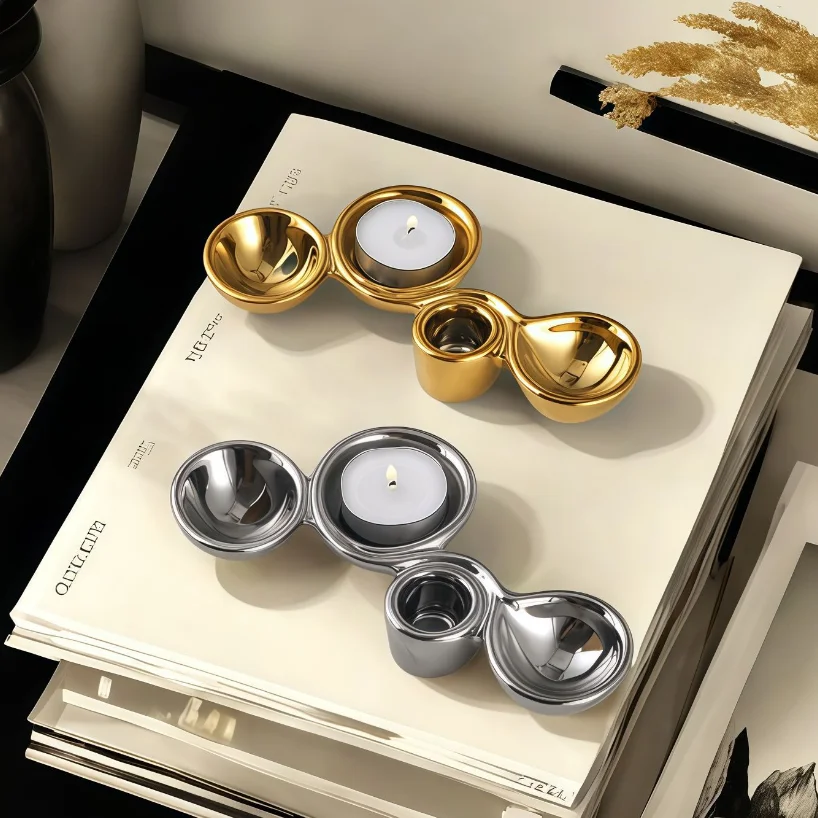 Luxury Electroplating Silver Geometric Ceramic Candlestick Ornaments Model Room Sales Office Art Soft Home Decoration