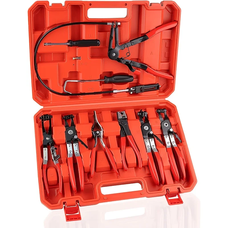 Long-Handle Hose Clamp Pliers Set, Red - Flexible Flat-Band Clamps for Fuel/Water Pipes, Radiators & Heaters, 11/16
