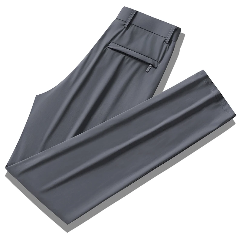 2024 minimalist new summer solid color Ice Silk fabric men's pocket zipper fashion versatile business casual straight Suit Pants