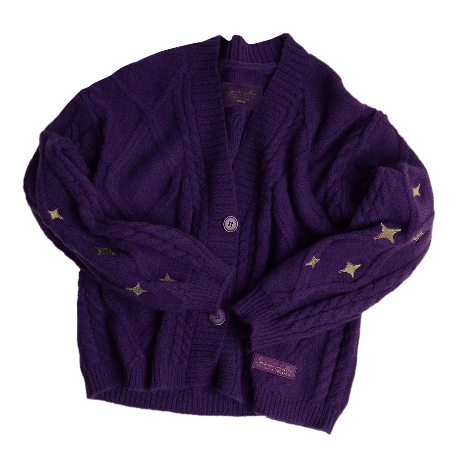 Women Loose Knitted Cardigans Coat Y2K Star Embroidery Sweaters Vintage Purple Streetwear Casual Single Breasted Long Sleeve Top