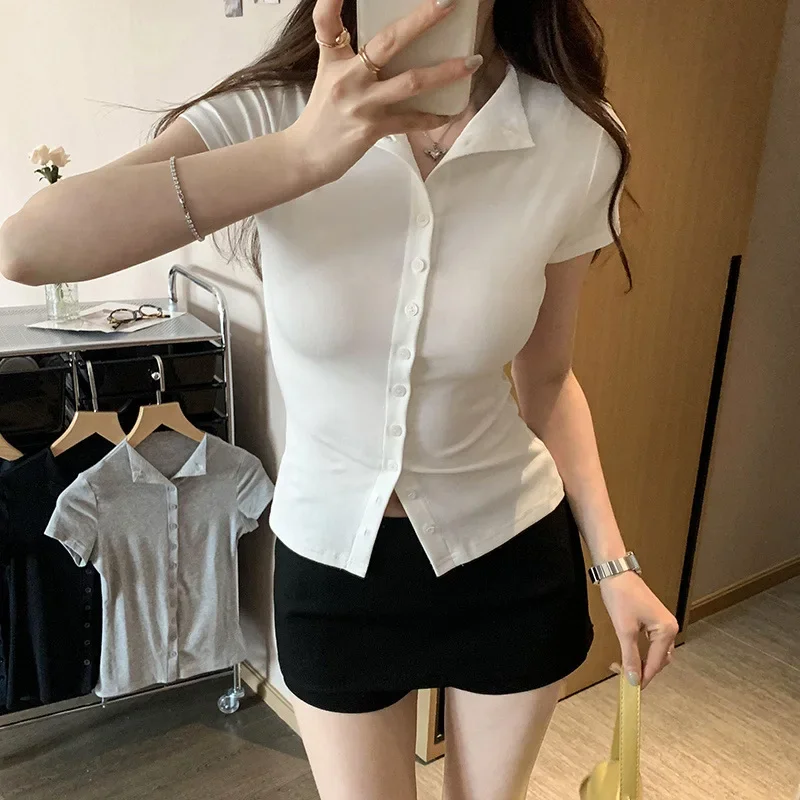 

Spicy Girl High Level Unique Shoulder Fit Short Sleeve Open Cardigan Tshirt Women Summer New Style Crew Neck Button Decoration