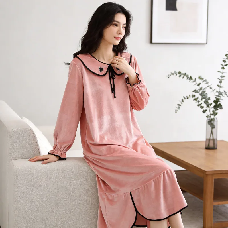 Women Regular Peter Pan Collar Nightgown Long Sleeve Fall Winter Warm
