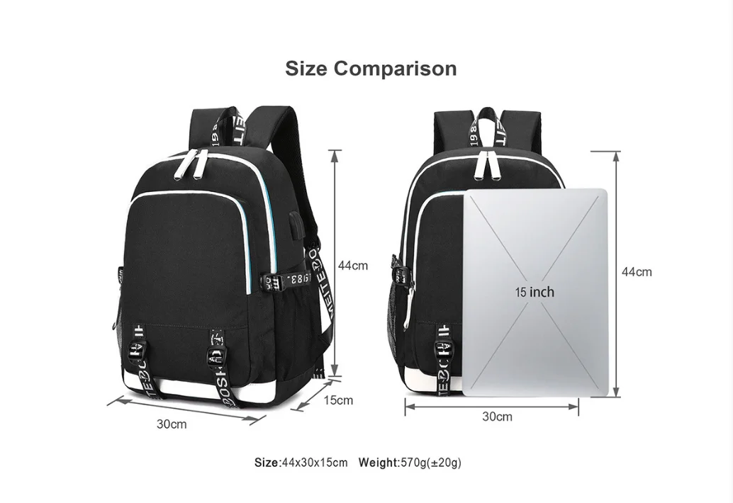 패션 전투 고양이 배낭, 소년 소녀 USB 충전 노트북 여행 배낭, 십대 학생 배낭, 캐주얼 Mochila