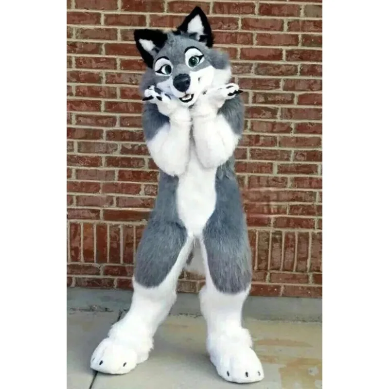 

Grey White Long Fur Furry Husky Dog Wolf Fox Fursuit Mascot Costume Adult