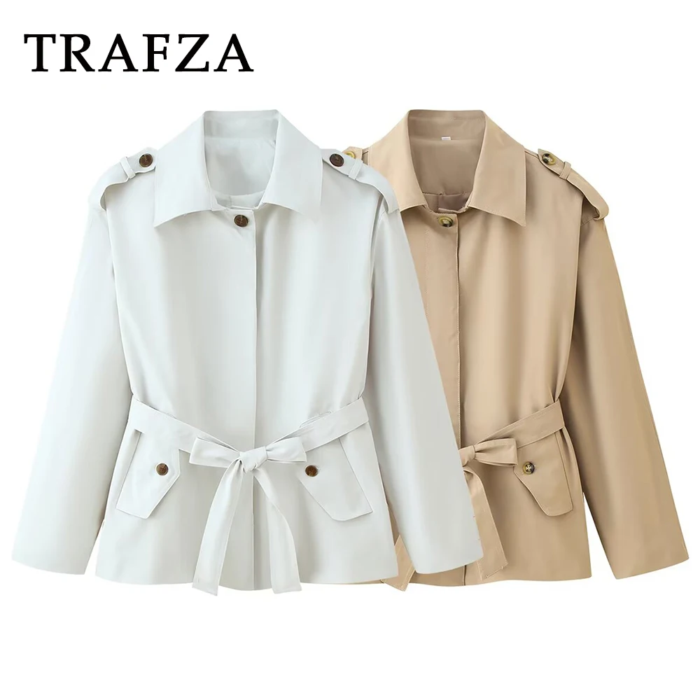 

TRAFZA Chic 2025 Autumn Women Solid Short Windbreak Single Breasted Sashes Coat Fashion Loose Pockets Female Casual Wind Coat