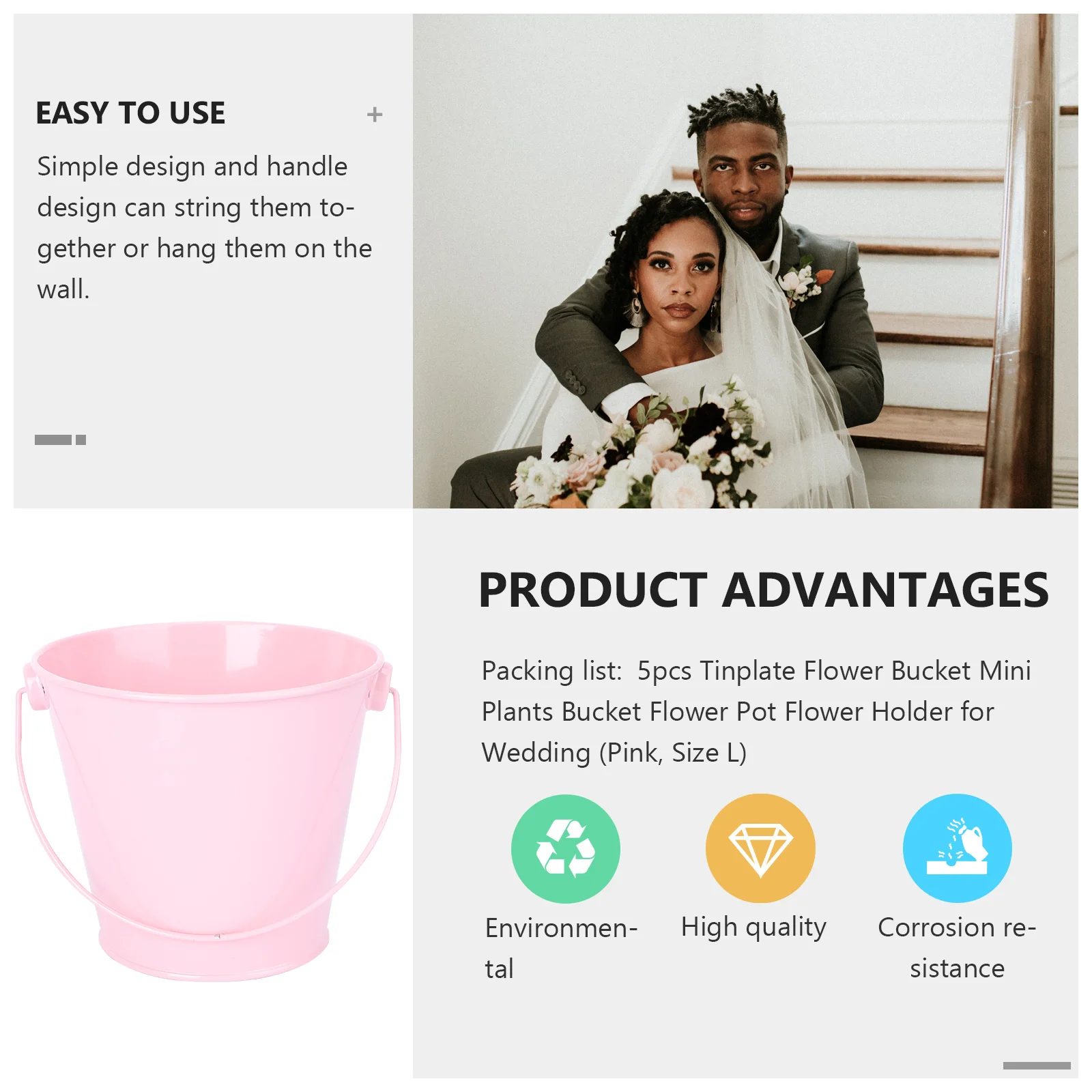 

5Pcs Mini Tin Bucket Flower Pot for Plants Succulents Decor Home Office Wedding Party Event Baby Shower Decoration Storage