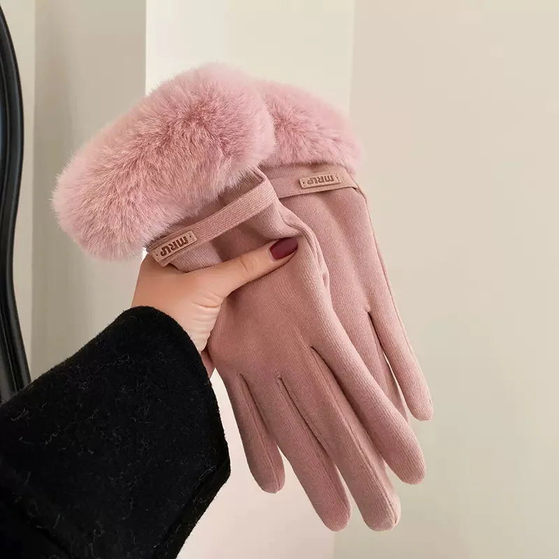 Women Winter Furry Touch Screen Driving Glove Female Double Thick Plush Wrist Warm Cashmere Cute Outdoor Sport Cycling