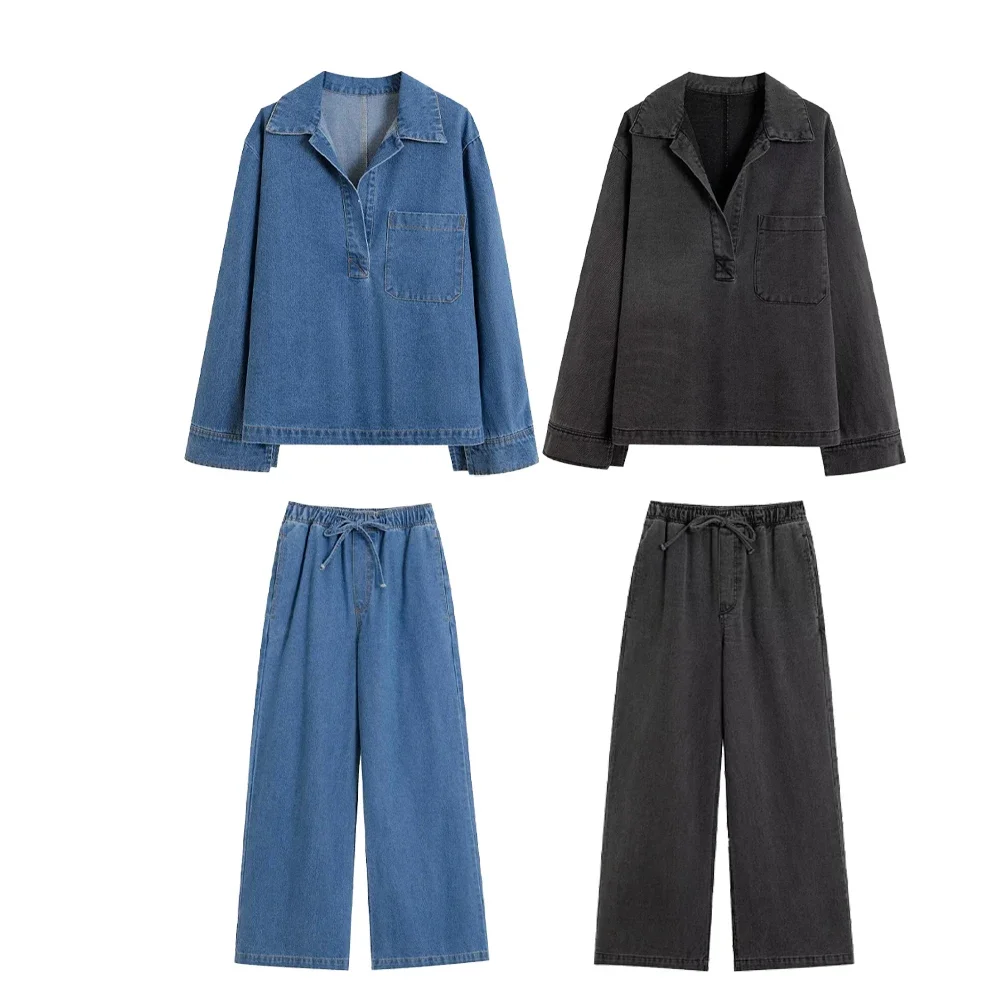 

Pop 2024 Women's Fashion Collar Loose Long Sleeve Cowboy Top Pants Set Autumn/Winter New Women's Clothing