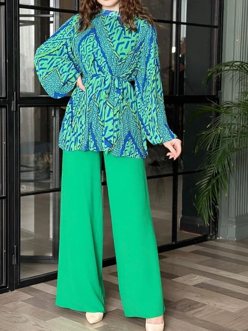 

Повседневные женские мусульманские комплекты из двух предметов в Дубае, топы с длинными рукавами + свободные брюки, комплект женских мусульманских ансамблей, макси-костюмы 2026