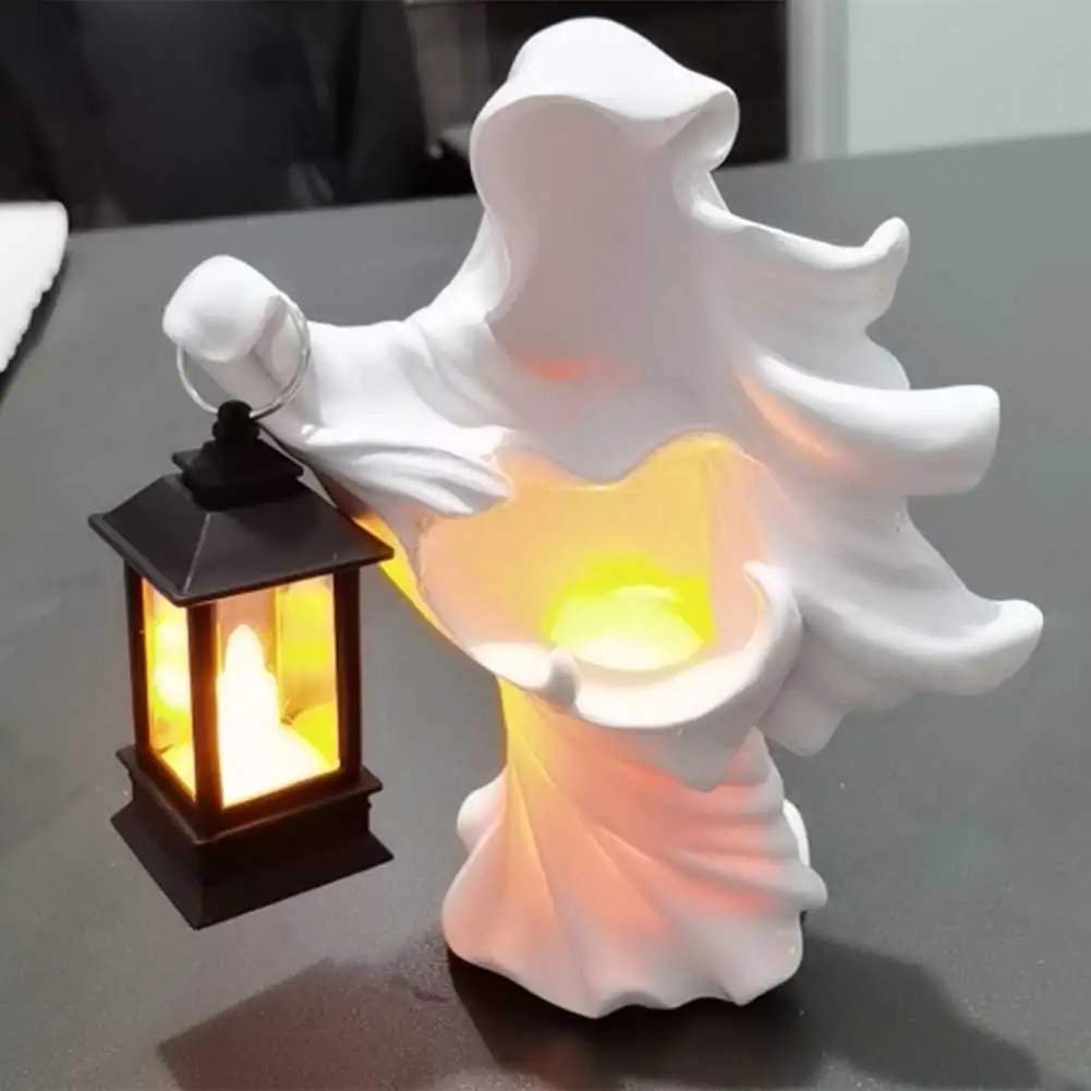 

Halloween Witch Resin Statue Sculpture With Lantern Hell Messenger Scary Crafts Halloween Light Art Garden Home Decor