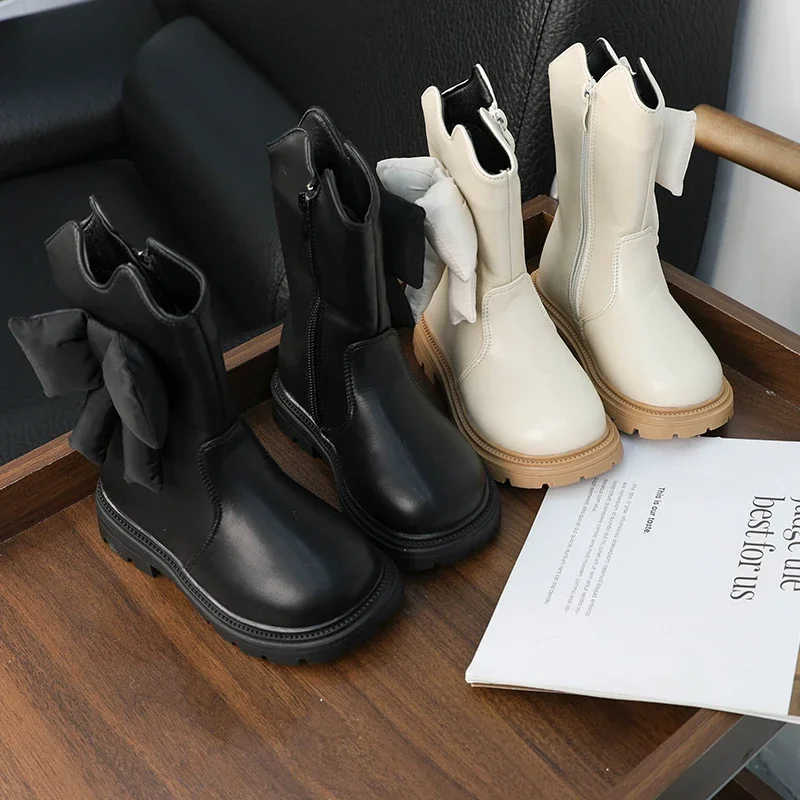 

Модные зимние сапоги принцессы для девочек до середины икры, детские повседневные подиумные сапоги с боковым бантом, милые универсальные детские школьные плюшевые сапоги