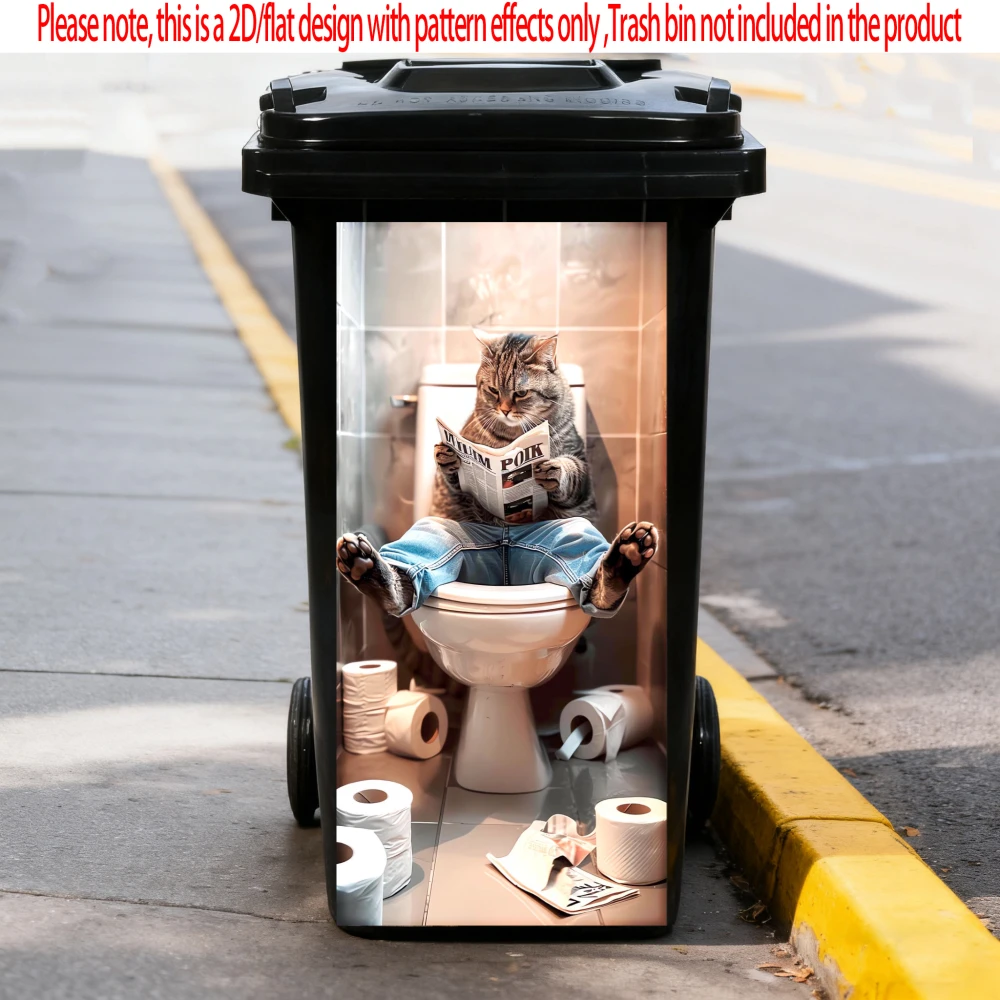 

Cat Reading Newspaper Animal Trash Can Sticker Bin Stickers Waterproof Self Adhesive Wallpaper Home Wall Art Kitchen Decoration