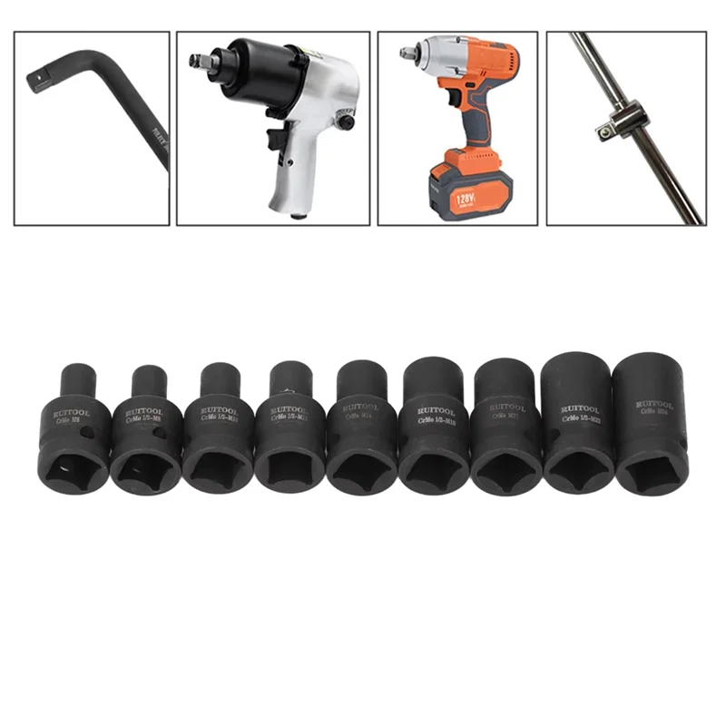 

TFTP-For Electric For Pneumatic Hand Wrench Compatible 1/2 Inch Drive Socket Tap 9 Pcs Molybdenum Steel Set