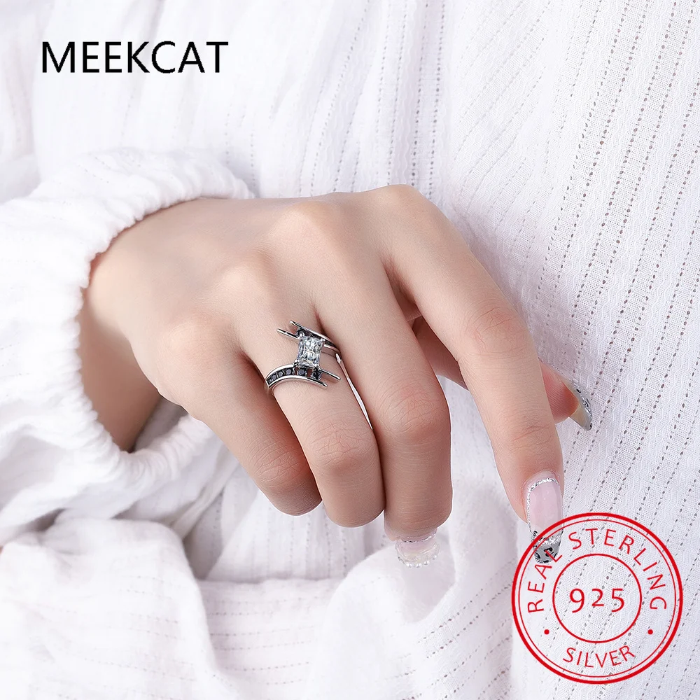 Natural Black Spinel 925 Sterling Silver Band Wedding Engagement Geometric Ring for Women Square Gemstone Stackable Fine Jewelry