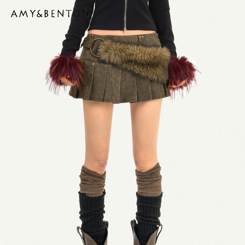 

Original Heavy Craft Design Fur Belt Hot Girl Short Skirt Autumn Winter New Y2K Retro Mid-Low Waist Mini Pleated Skirts Ladies
