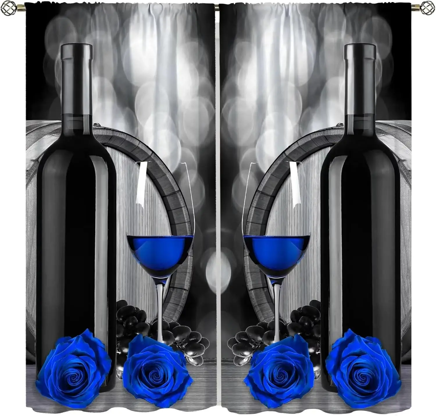 WLSDGSDG Rose Wine Kitchen Curtains Romantic Mist Blue Wine Glass Rose Flower Decor Window Treatments Thermally Insulated Drapes