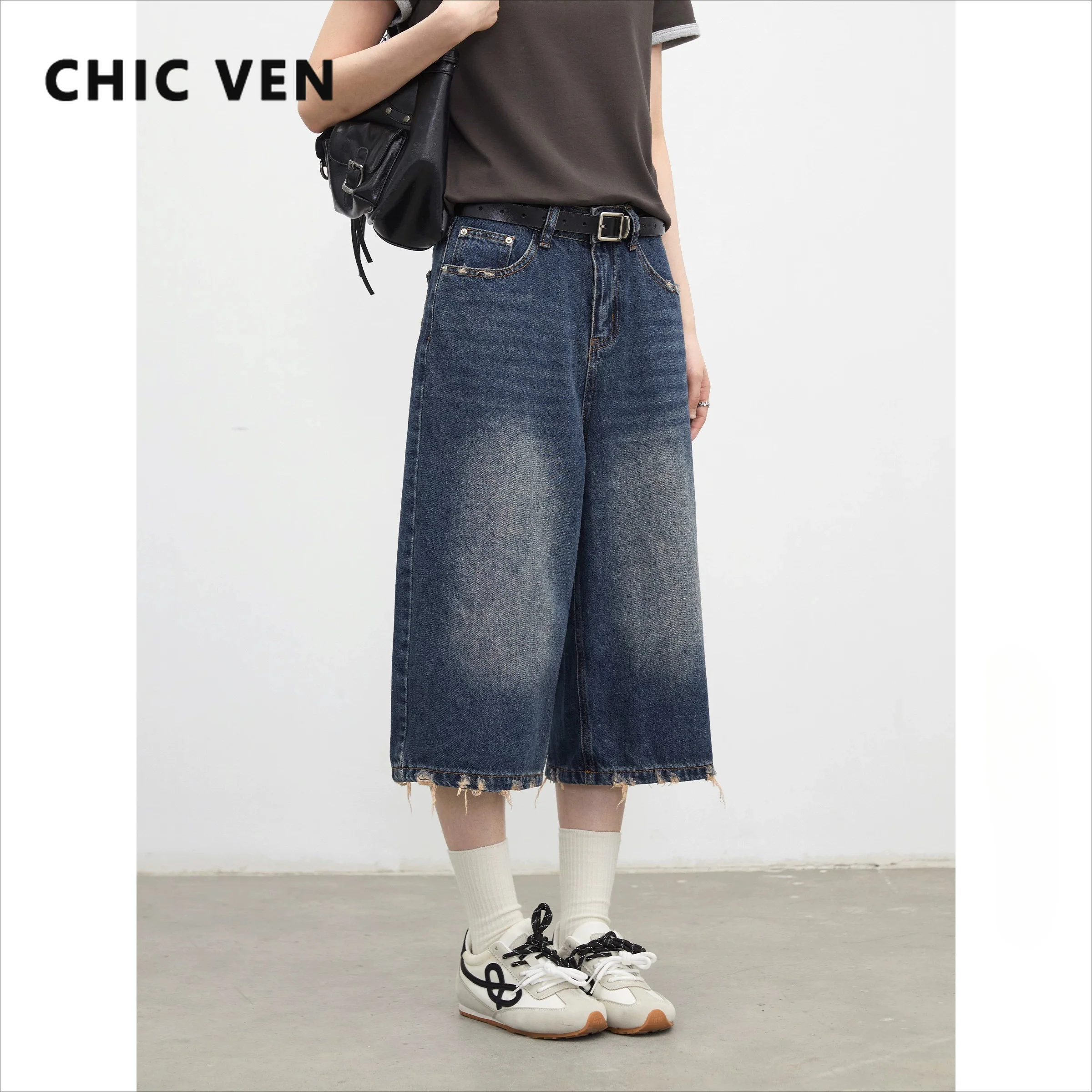 CHIC VEN Women's Jeans Retro High Waist Wide Leg Mid Length Denim Pants with Holes Tassel Cropped Trousers for Girls Summer 2026