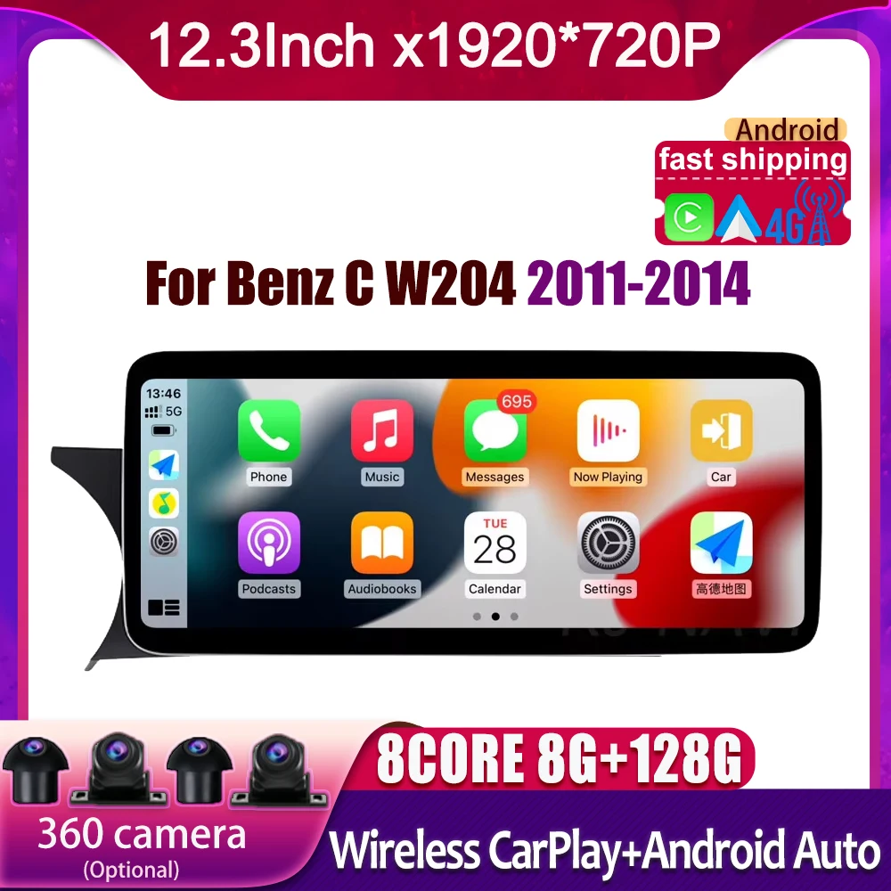 

12.3 Inch For Benz C W204 2011-2014 Android 14 Touch Screen Car Accessories Auto Carplay Video Radio Monitors Multimedia Player