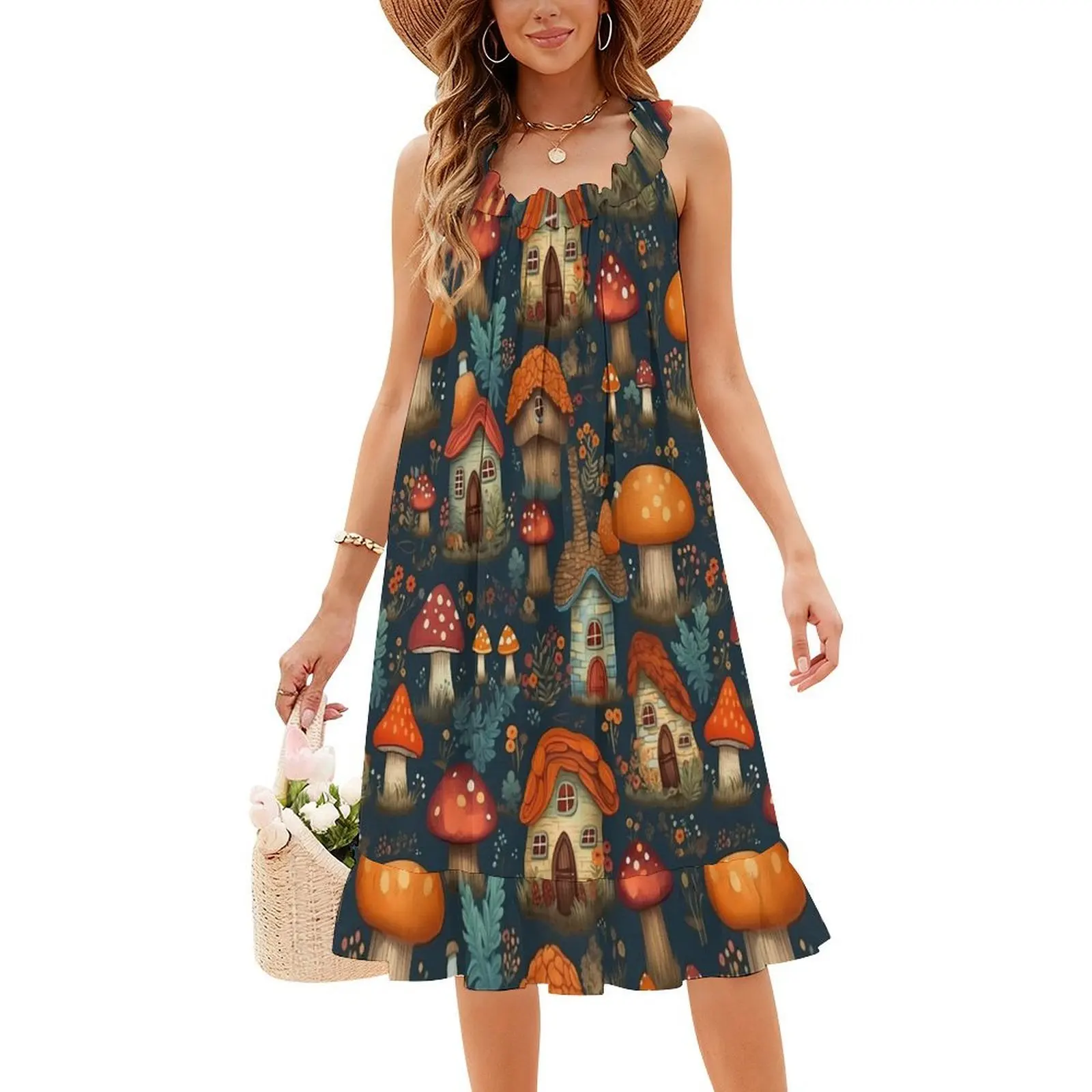 فستان Dreamy Mushroom Cottage Escape-Cottagecore Fantasy على الطراز الكوري للنساء فستان كاجوال أنيق للحفلات أو الارتداء اليومي