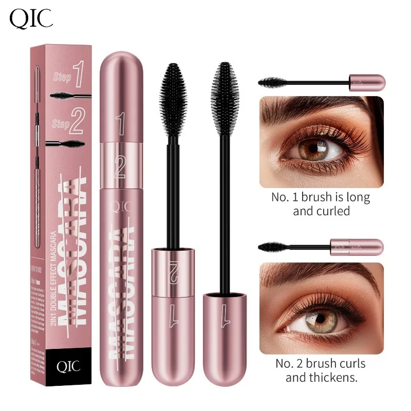QIC Nowa Różowo-Złota Tusz do Rzęs 2 w 1 z Podwójnym Efektem: Gęsty i Wydłużający, Wodoodporny, Nie Rozmazujący Się, Podkręcający, Narzędzie do Makijażu, 1 sztuka, Prezent