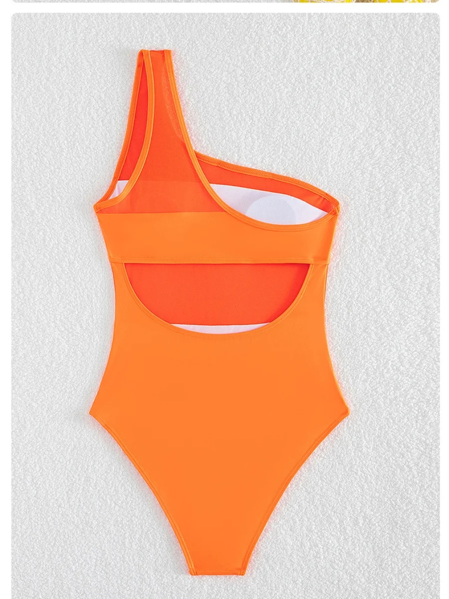 Women\'s One-piece Bikini Sets Orange Cut-out Swimwear One Shoulder Mesh Bathing Suit Woman Backless Swimsuit Beach Bodysuit