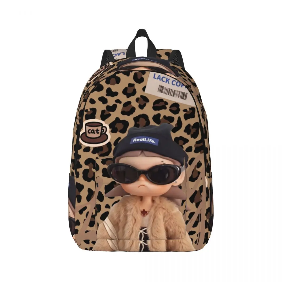 Gothic School Backpack Allover Leopard Doll Winter Cute Tan Black White Rose Pink Fashion Daypack for College Travel Gift Sweet