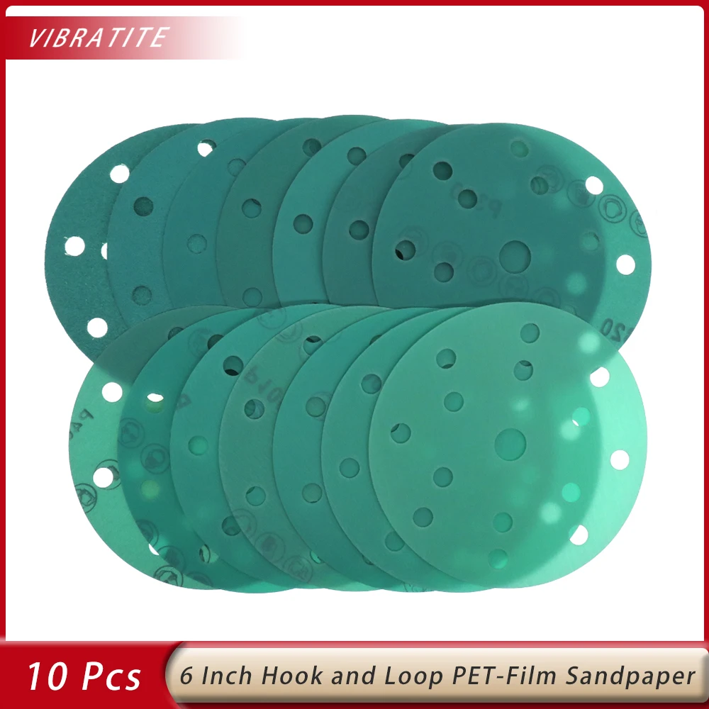 

6Inch Sanding Discs with15 Holes Polyester Film-Backed Green Hook and Loop Sandpaper for Automotive Paint Wood or Metal Grinding