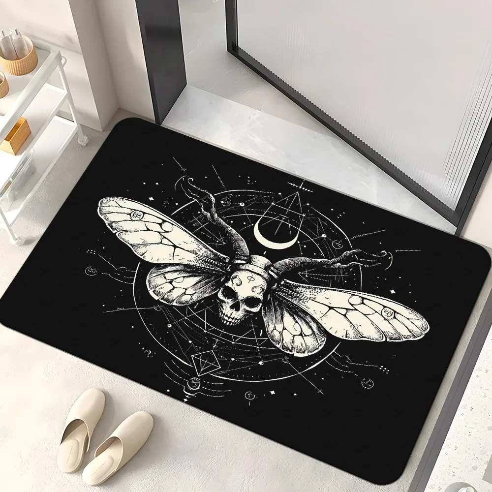 Mystic Skeleton Moth Doormat Occult Witchcraft Graphic Print Rug Non-Slip Absorbent Indoor Outdoor Floor Mat