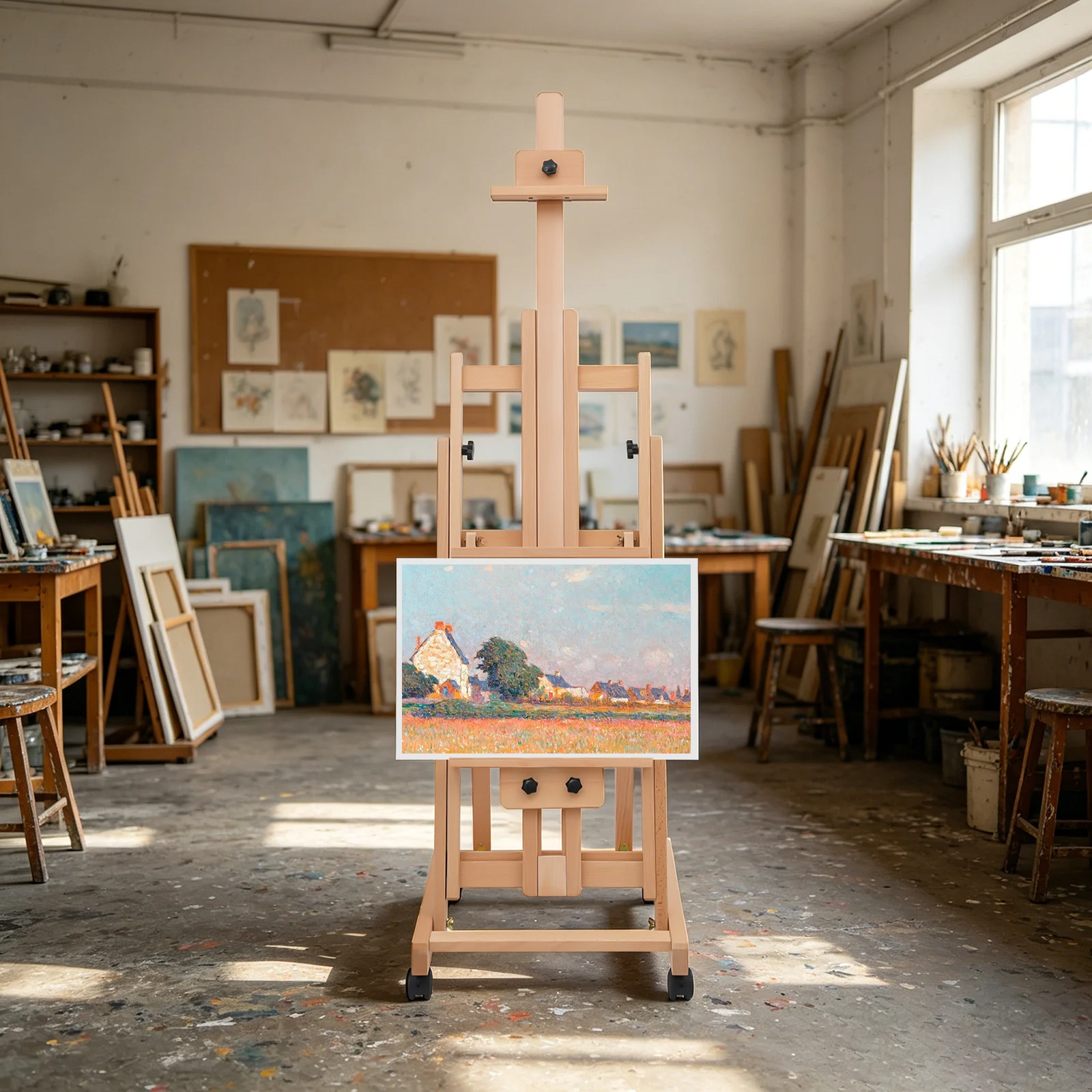 Wooden Artist Easel Stand 56-91 Inch, Adjustable Floor Painting Easel with Wheels, Vertical and Flat Canvas Stand for Art