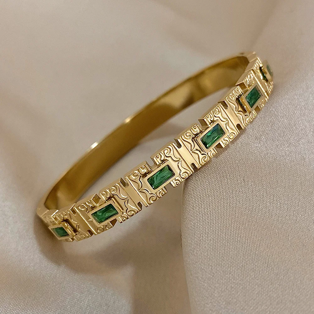 Vintage Palace Geometric Stainless Steel Bangle Bracelet for Women Inlaid Square Green Zircon Cuff Bracelets Jewelry Gifts