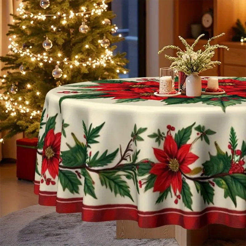 VIKAMA Poinsettia Flower Round Tablecloth Cream Red Green Berry Xmas Holiday Party Dining Round Table Cover Christmas Decor