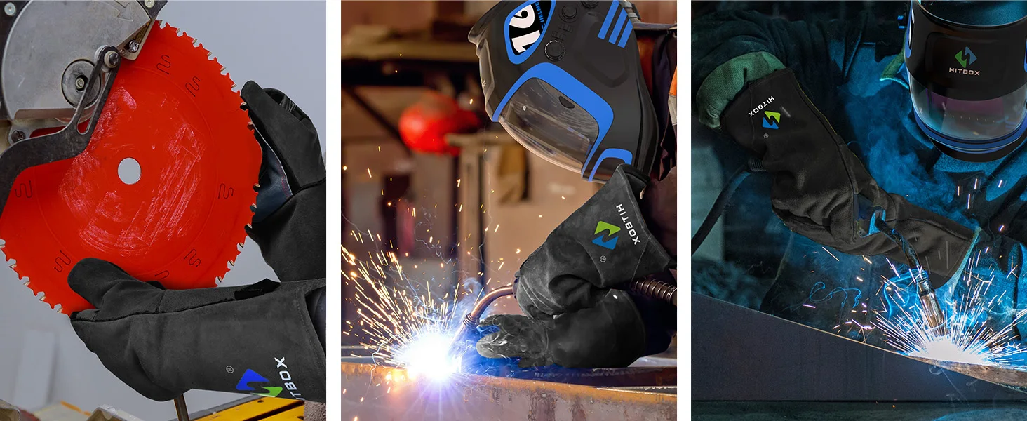HITBOX 14 Zoll Schwarze Schweißhandschuhe für Lichtbogenschweißen MMA TIG MIG Ofenhandschuhe Hitzebeständige Anti-Tierbiss-Arbeitshandschuhe – Detail 4