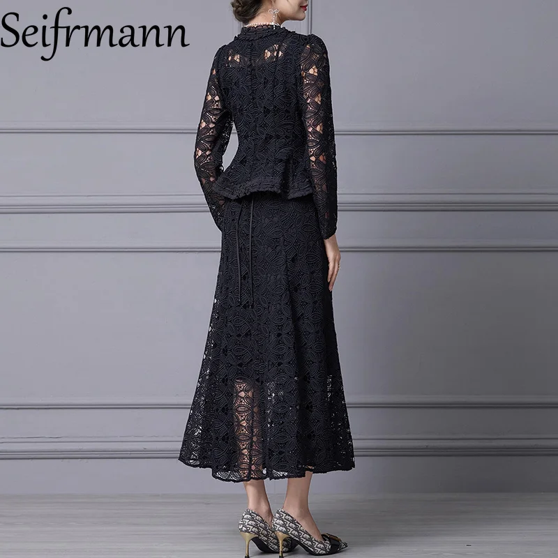 Seifrmann Fashion Women's Suit Long Sleeved Lace-up coat+Spaghetti Strap Backless High Waist Dresses Lace Hollow Out 2-piece set