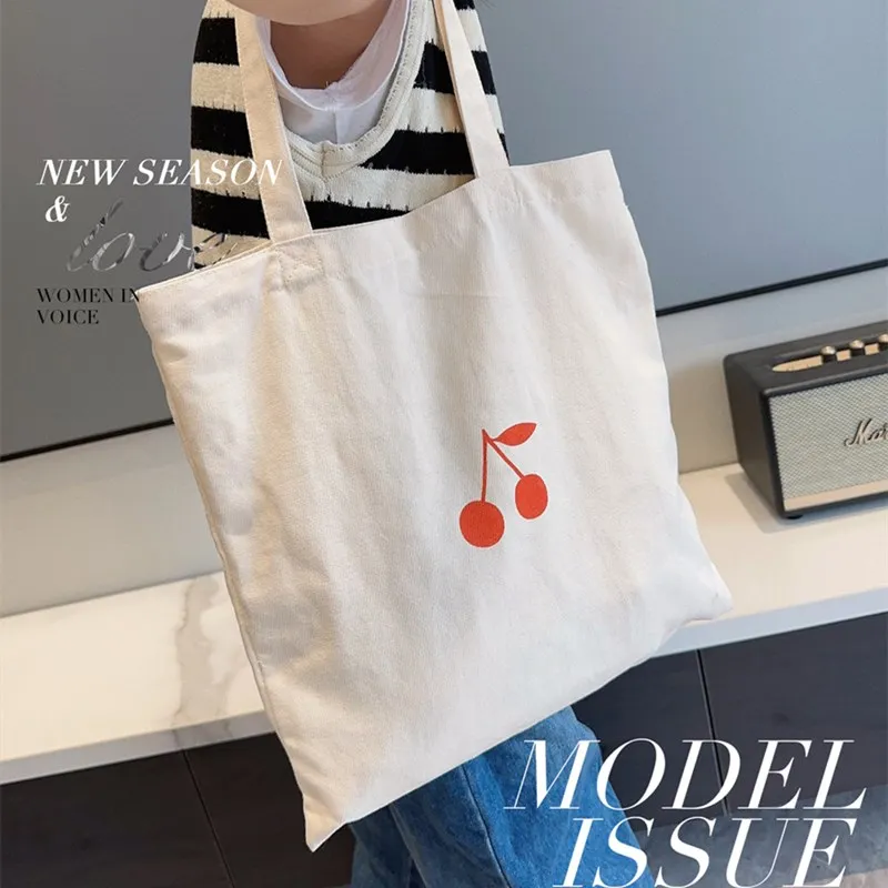 BP Bag Beige Canvas Shoulder Handbag Folding Eco-Friendly Cotton Tote Bags Reusable Red Cherry Shoulder Bag White Grocery Bag