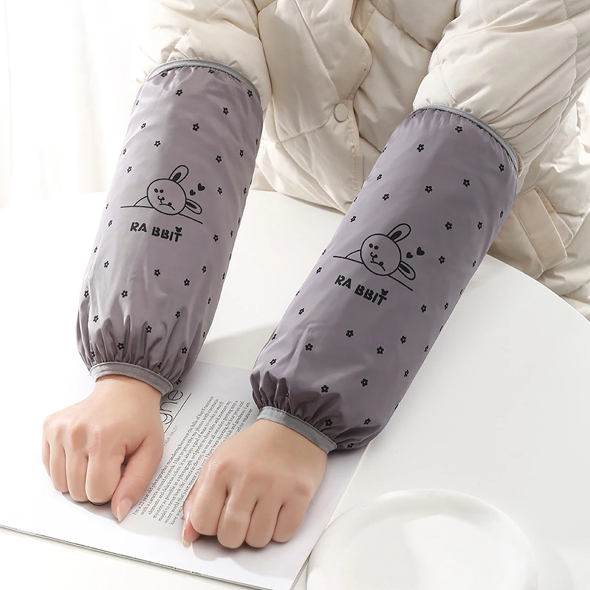 Cartoon Rabbit Grey Waterproof Long sleeved Student Cute Adult Anti Dirt Sleeves Kitchen -1 Pair