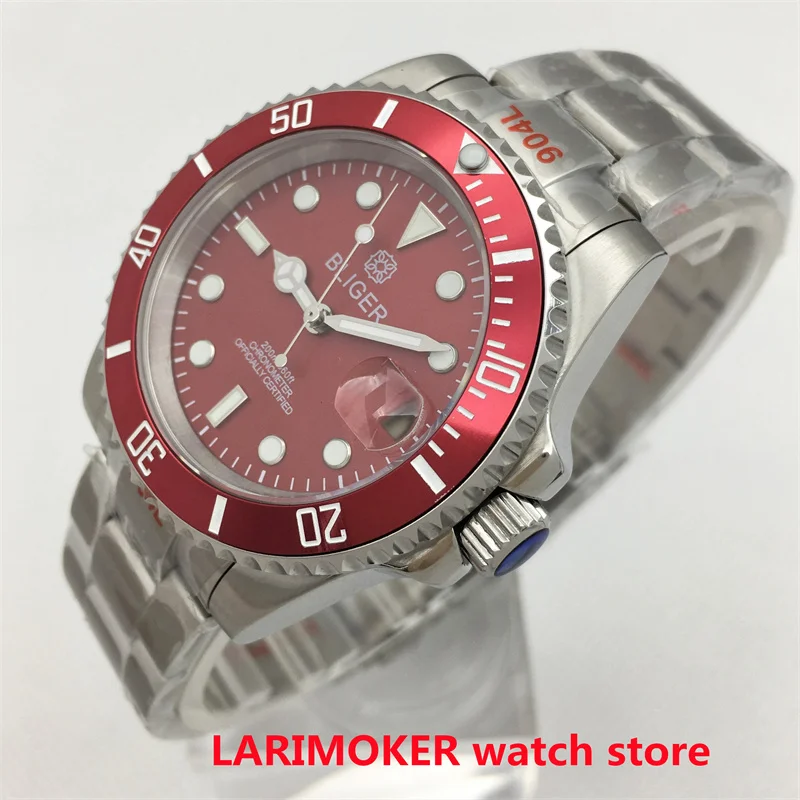 Bliger NH35A PT5000 Automatic Movement 40mm watch Red dial Red ceramic ring C3 Luminous sapphire glass Oyster Strap Men\'s watch