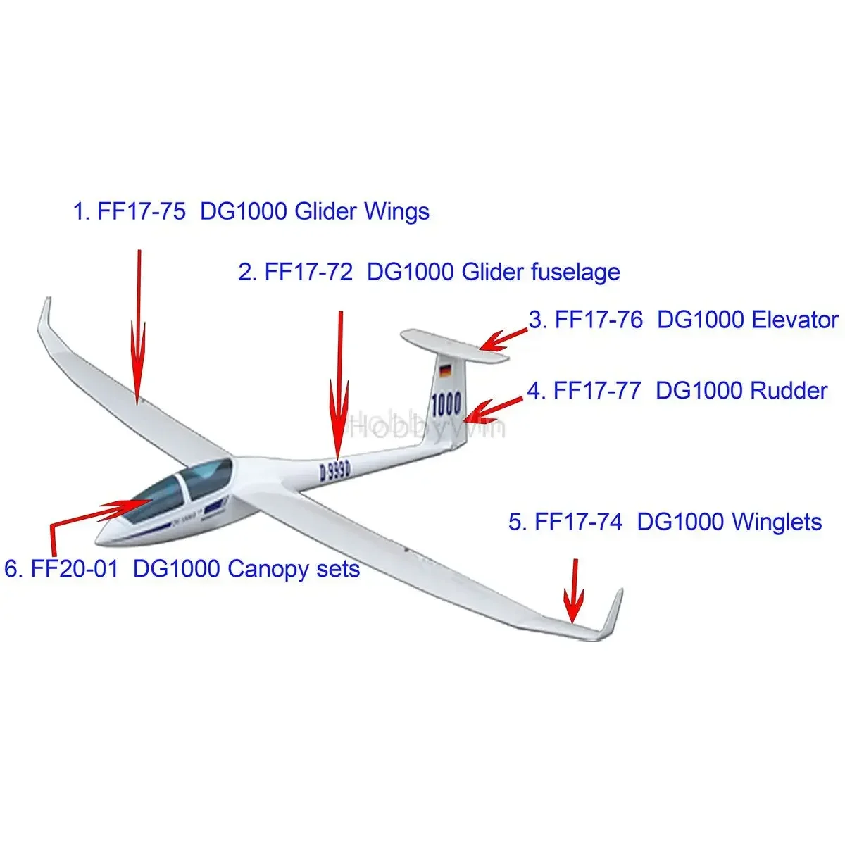 FlyFly Glider DG1000 RC Sailplane Spare Part Fiberglass Fuselage Wood Wings