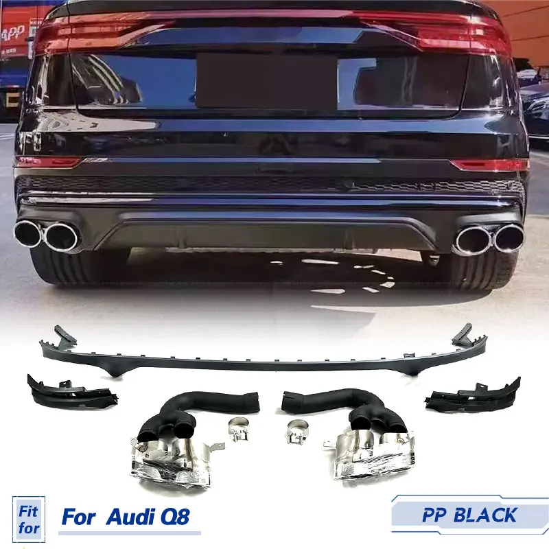 Car Rear Bumper Diffuser Lip Spoiler PP for Audi Q8 Sport Utility 4-Door 2019-2022 Rear Diffuser Lip With Exhaust Tips Body Kits