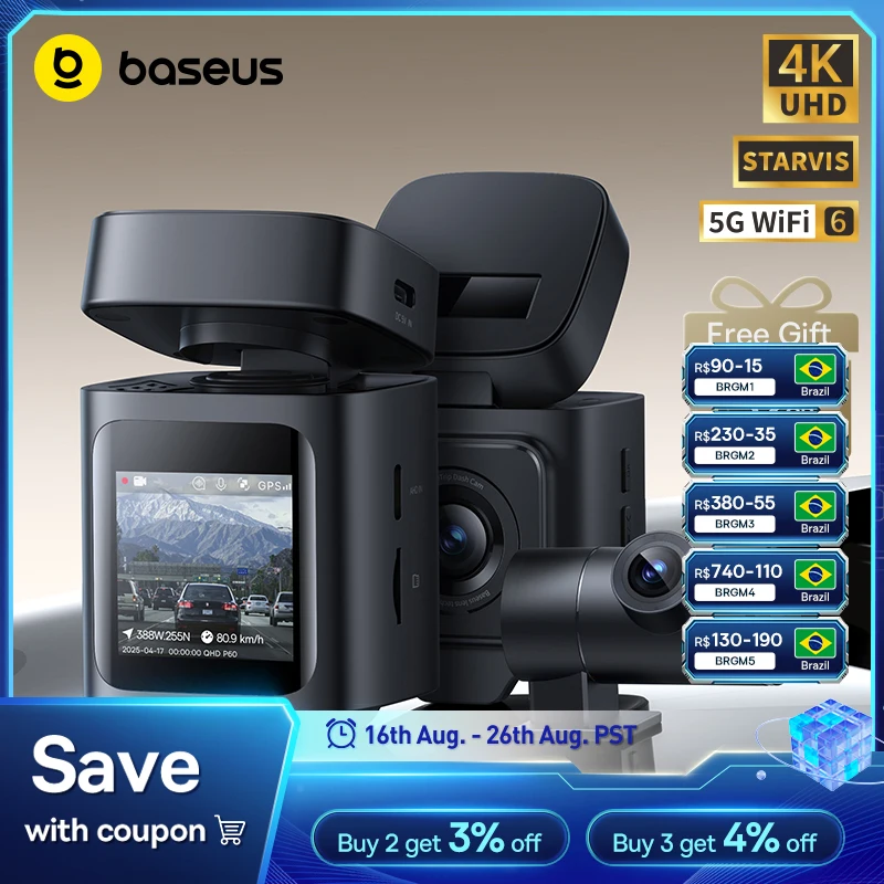 Baseus vd1 pro 4k + 1080p traço cam uhd câmera do carro para sony sensor adas 5ghz wifi6 gps starvis visão noturna 24h estacionamento carro dvr