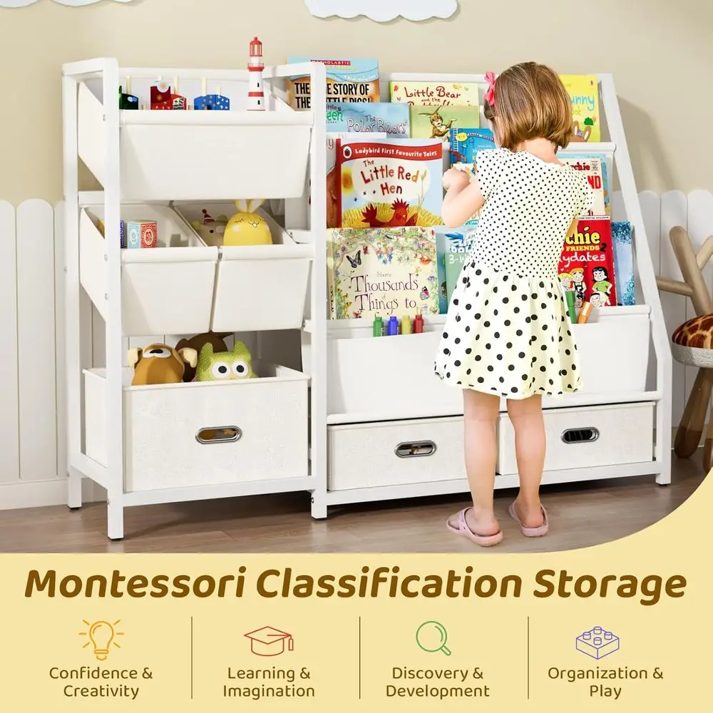 3 Tier Kids Bookshelf and Toy Storage - Sling Book Shelf with Toy Organizer, Montessori Toddler Bookcase with 6 Toy Bins, for Pl