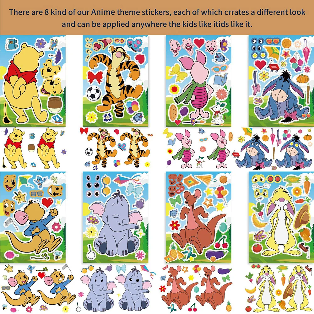 8/16Sheets Disney Cartoon Pooh Bear Make a Face Puzzle Stickers Create Your Own Piglet Tigger Children DIY Jigsaw Games Party