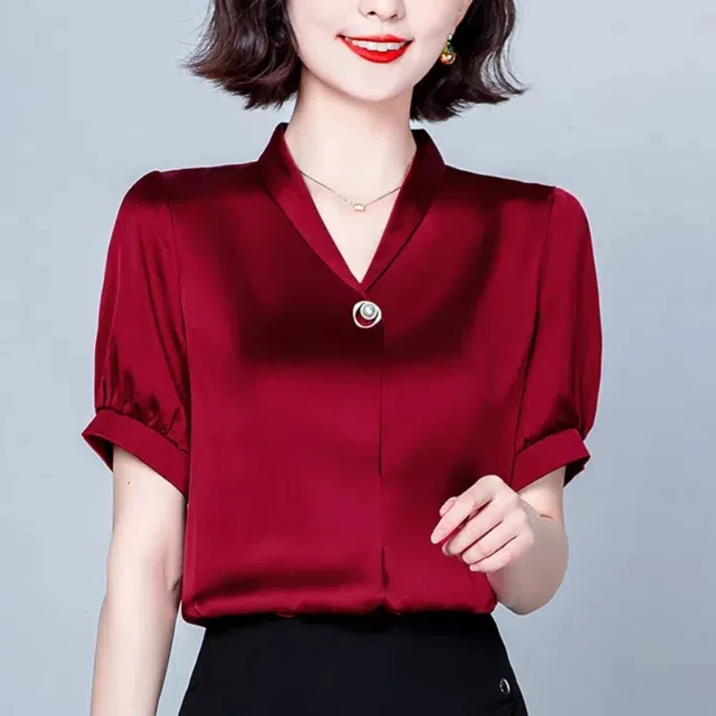 Summer Lantern Short sleeve  Women\'s Clothing Rivet V-Neck Solid Color Pullover Chiffon Comfortable T-shirt Elegant Trendy Tops