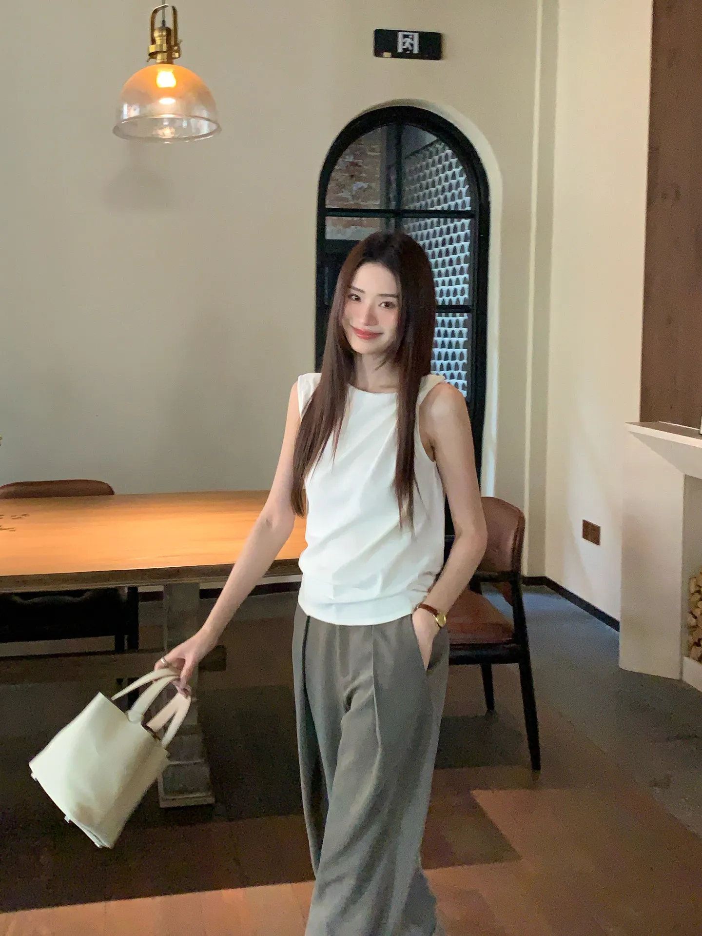 【WENRAN】Women's White Crew Neck Tee Asymmetrical One Shoulder Twist Pleated Summer Top