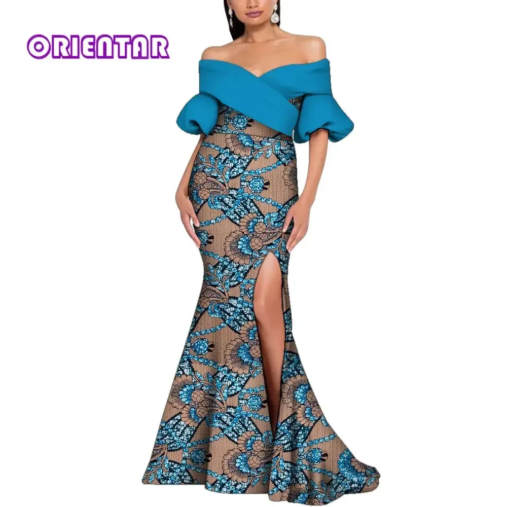 Women African Style Dresses Sexy Strapless Lady Evening Gowns Floral Print Split Elegant Women Dress Dashiki Party Wear WY9243