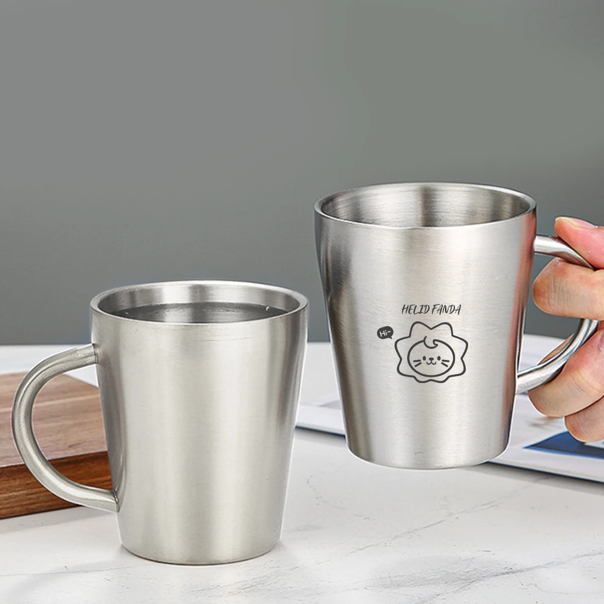 Cute Double Wall Coffee Mug 304 Stainless Steel Kids Tumbler Cups With Handle Anti Scalding Drinking Cup Cold Hot Drinkware  ﻿