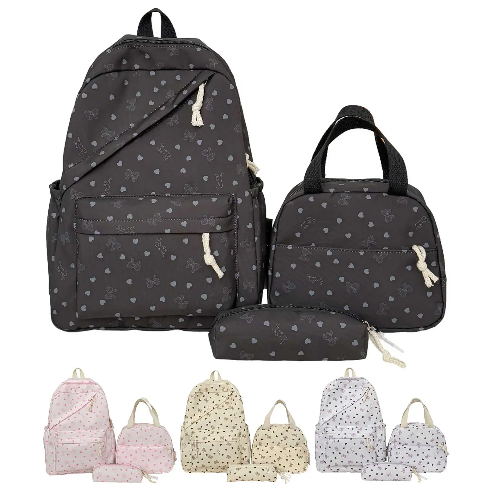 3Pcs Nylon Bow Print Cute Set with Lunch Box and Pencil Case Large Capacity for Teens Women Women College Outdoor